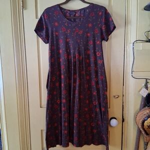 Gudrun Sjoden Dark Brown with Red Floral Print Organic Cotton Short Sleeve Dress